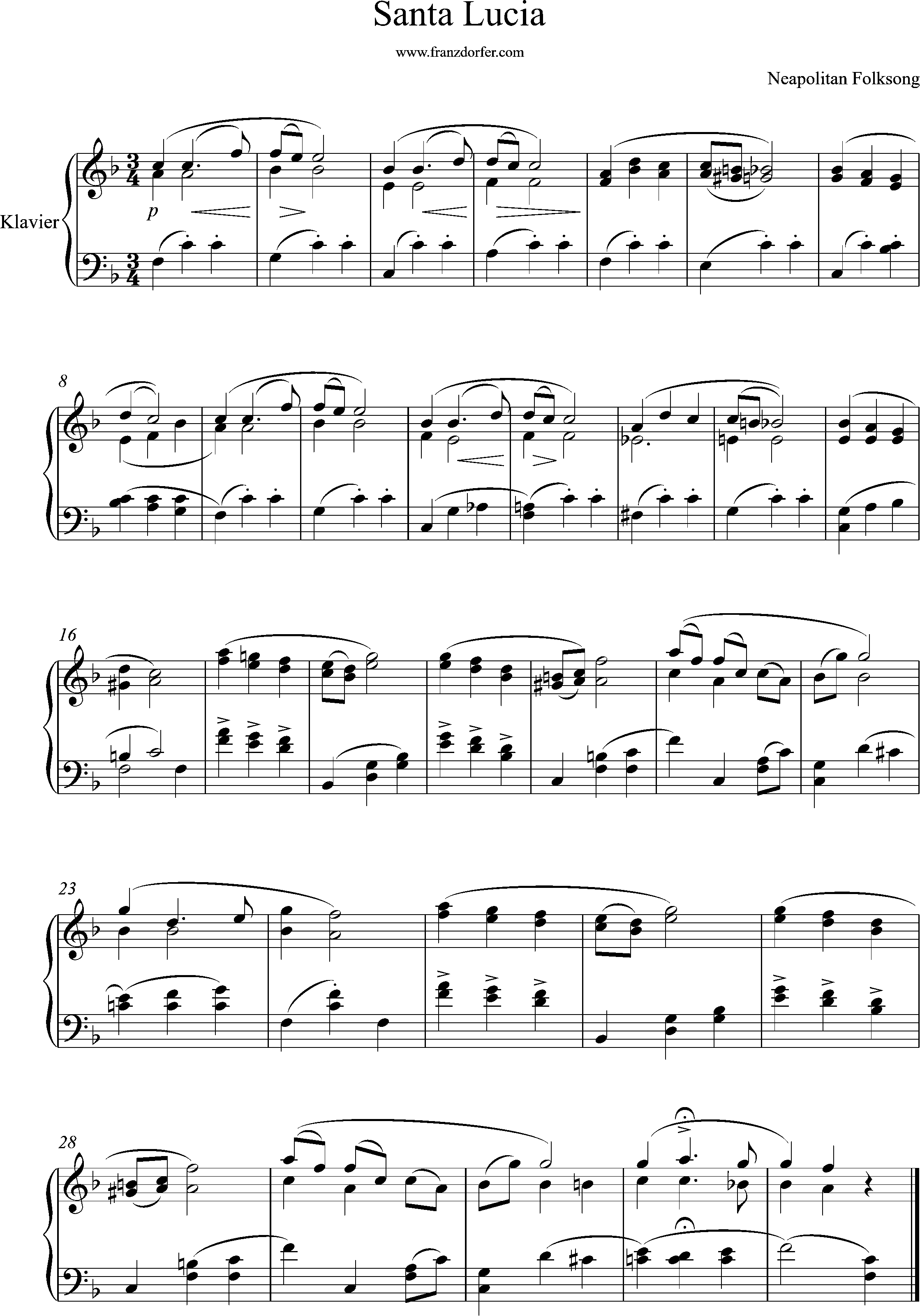 klaviernoten, Santa Lucia, F-Dur